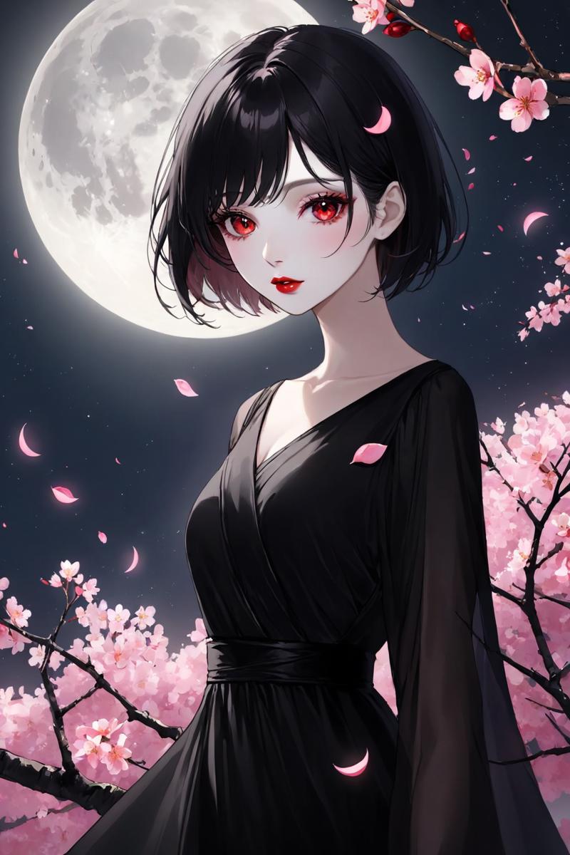 04224-4245237520-a woman with a black dress and a cherry blossom tree in front of a full moon with pink flowers,_moon,full_moon,1girl,solo,branch.png